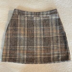 Plaid Wool-Blend Mini Skirt in Brown and Cream